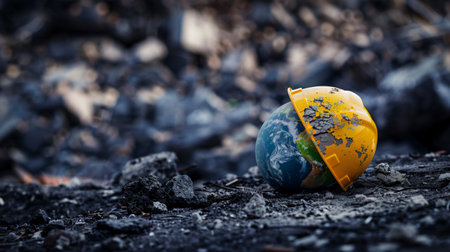 earth globe and yellow hard hat on the ashes of a forest fireの素材