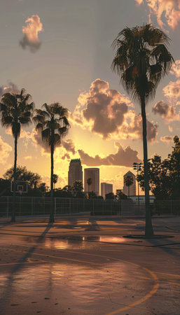 Palm trees in a park at sunset, Miami, Florida.の素材
