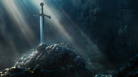 Medieval sword on a stone. 3d illustration. Fantasy.の素材