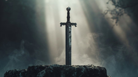 Medieval sword in the middle of a foggy forest. 3d renderingの素材
