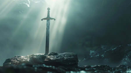 Medieval sword in the dark forest. 3d render illustration.の素材