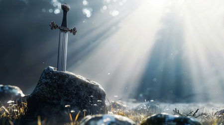 Medieval knight's sword in the stone. 3d illustration.の素材