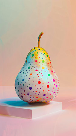 Pear with colorful dots on a white pedestal. 3d renderingの素材