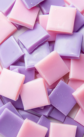 close up of a pile of purple and pink soap bars on white backgroundの素材