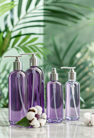 set of cosmetic bottles on a white table in a beauty salon.の素材