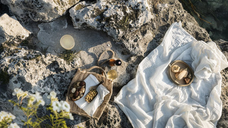 Romantic picnic on the rocks in the mountains. Top view.の素材