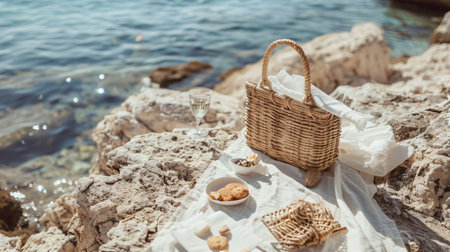 Wicker picnic basket with food on the rocks by the sea.の素材