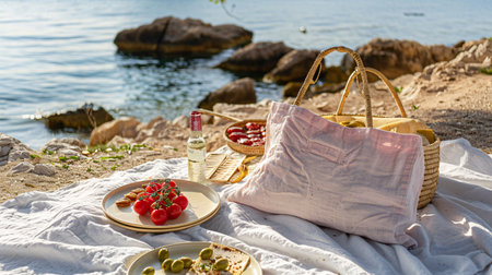 Picnic on the beach. Picnic on the shore of the lake.の素材