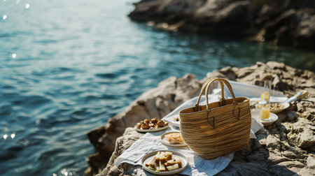 Picnic on the beach by the sea with a basket of snacksの素材