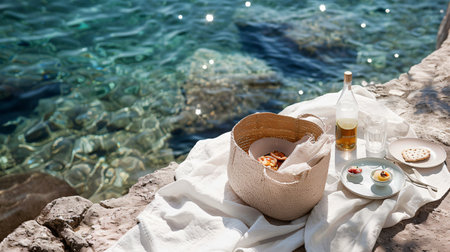 Picnic on the beach in Montenegro near the Adriatic Seaの素材