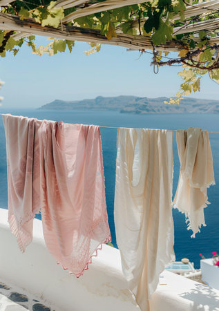 Clothes drying on the terrace at Santorini island, Greeceの素材