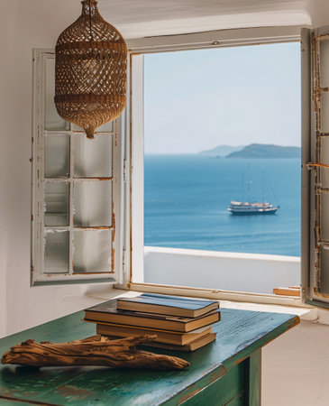 Books on the table by the window in the morning. Bookshelf with books on the background of the seaの素材