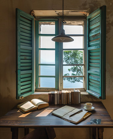 Vintage book on the table and green jalousie windowの素材