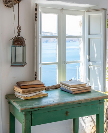 Old wooden table with books and lamp on the background of the seaの素材