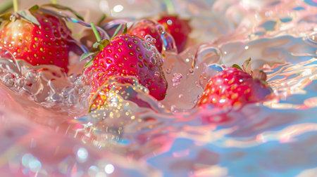 Strawberry in water with bubbles and splashes. Abstract background.の素材