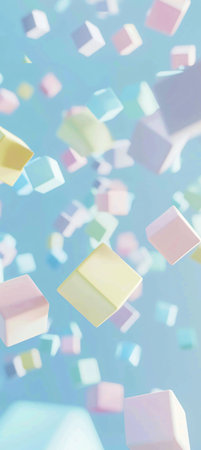abstract background with colorful cubes floating in the air on a blue backgroundの素材