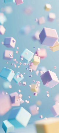 3d illustration of colorful cubes flying in the air over blue backgroundの素材