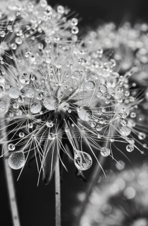 Water drops on dandelion flower. Close up. Black and white.の素材