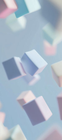 Abstract background, colorful cubes flying in the air, defocused backgroundの素材