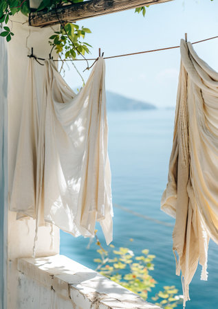 Wedding dress hanging on the balcony with sea view background.の素材