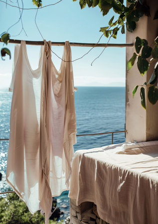 Laundry hanging on the balcony with sea view, Greece.の素材