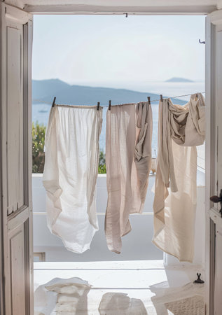 Clothes drying on the balcony of a villa in Greece.の素材