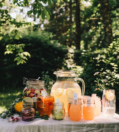 summer lemonade in a jar and glasses on a table in the gardenの素材