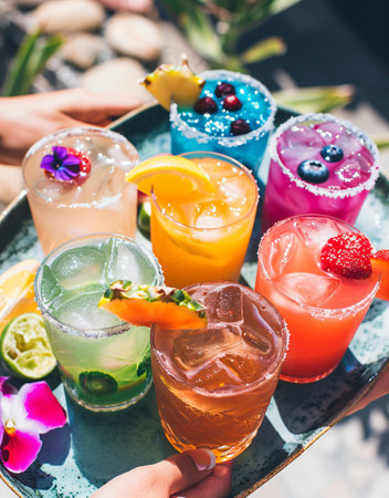 Variety of cocktails on the bar table, close-up.の素材