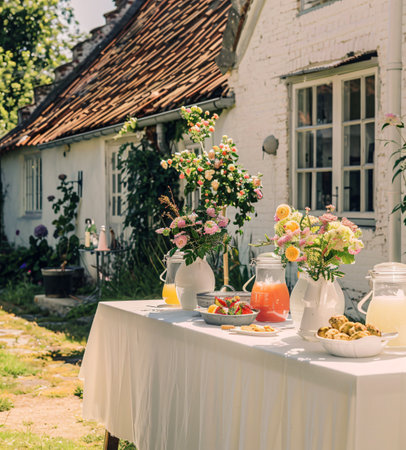 Table set for wedding or other celebration event outdoors. Table with food and drink.の素材