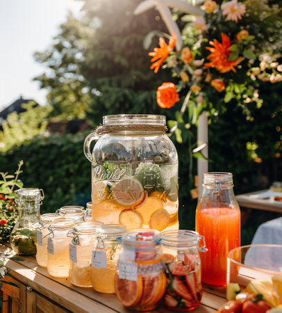 Homemade lemonade in a glass jar on the background of a summer gardenの素材