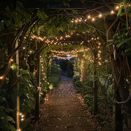 garden decorated with garlands and led lights at night, beautiful backgroundの素材