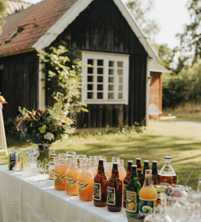 Bottles of orange juice on the table at a wedding reception.の素材