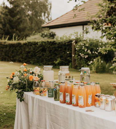 Wedding table decorated with bottles of orange juice and fresh flowersの素材