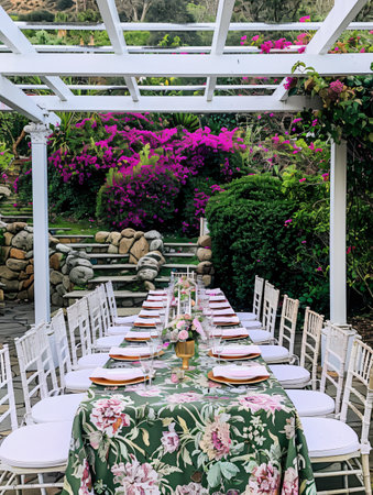 Wedding table setting with flowers in the garden, Thailand.の素材