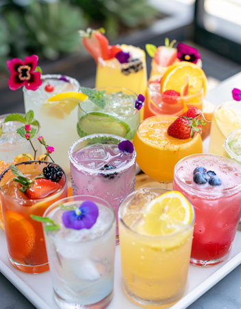 Variety of colorful summer cocktails on the table. Alcoholic drinksの素材