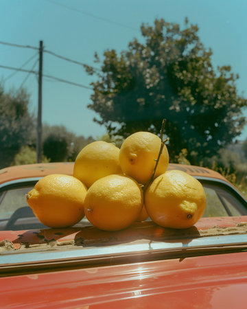 Lemons on the hood of an old car in the countrysideの素材