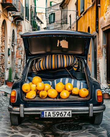An old car loaded with oranges in Siena, Tuscany, Italyの素材