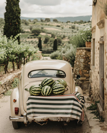 Watermelons on a vintage car, Tuscany, Italyの素材