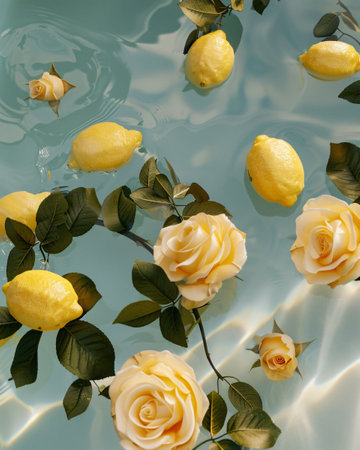 Lemon and rose floating in water with reflection. Top view.の素材