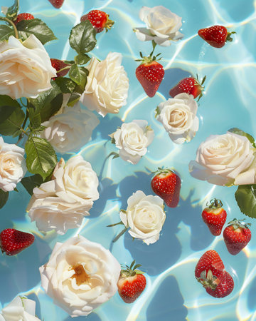 White roses and strawberries floating in swimming pool. Summer background. Top view.の素材