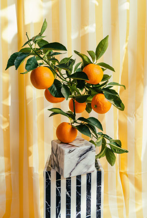 Citrus tree with tangerines on the background of yellow fabricの素材