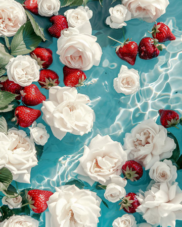 Strawberry and white roses floating in swimming pool. Top viewの素材
