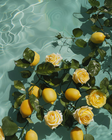 Yellow roses and lemons floating in a swimming pool with water reflectionsの素材