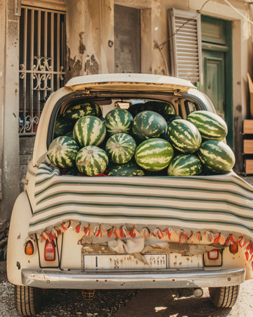 Watermelons in the trunk of an old car. Retro style.の素材