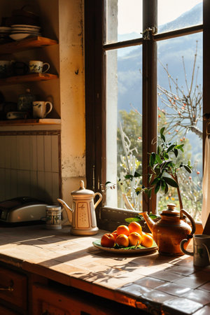 Ceramic teapot with tangerines on the windowsillの素材