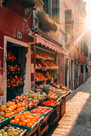 Fruit market in Venice, Italy. Fresh fruits and vegetables for sale.の素材