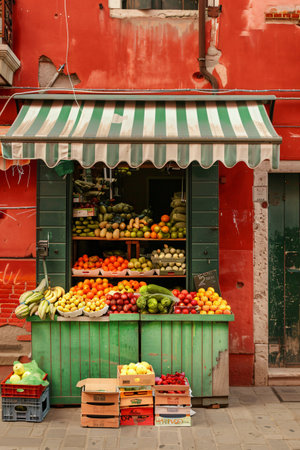 Fruits and vegetables on the street in Venice, Italy. Vibrant colors.の素材