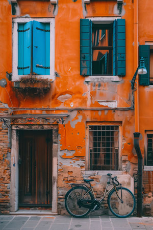 Colorful facade of an old house with a bicycle in Venice, Italyの素材