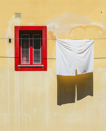 Window and clothesline on the yellow wall of a house in Italyの素材