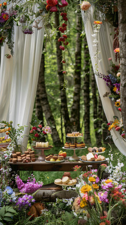 wedding table decorated with flowers and sweets in the forest.の素材